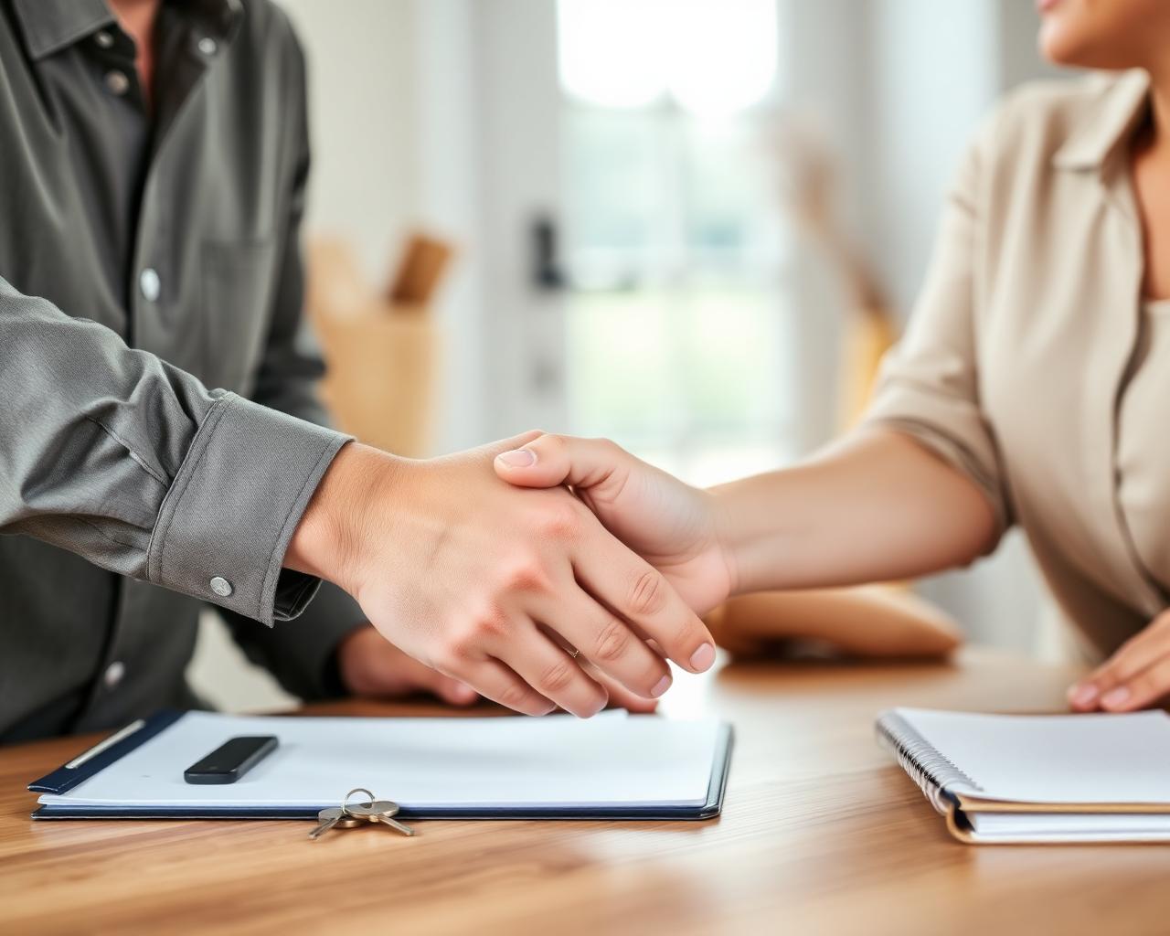 Investor and homeowner shaking hands over a kitchen table